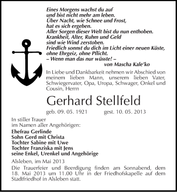 Traueranzeige von Gerhard Stellfeld von Mitteldeutsche Zeitung Bernburg