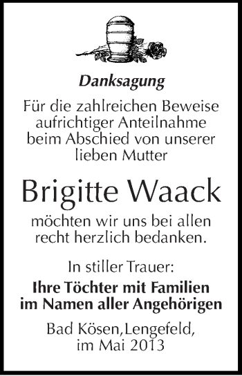 Traueranzeige von Brigitte Waack von Mitteldeutsche Zeitung Naumburg/Nebra
