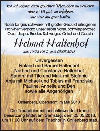 Traueranzeige von Helmut Haltenhof von Mitteldeutsche Zeitung Sangerhausen