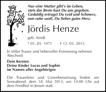Traueranzeige von Jördis Henze von Mitteldeutsche Zeitung Wittenberg
