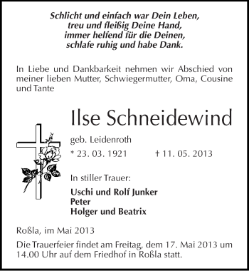 Traueranzeige von Ilse Schneidewind von Mitteldeutsche Zeitung Sangerhausen