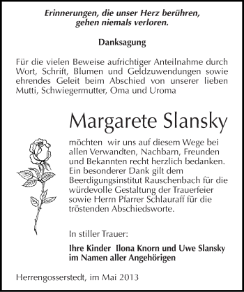 Traueranzeige von Margarete Slansky von Mitteldeutsche Zeitung Naumburg/Nebra