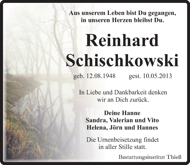  Traueranzeige für Reinhard Schischkowski vom 14.05.2013 aus Mitteldeutsche Zeitung Quedlinburg