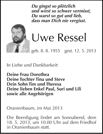 Traueranzeige von Uwe Ressel von Mitteldeutsche Zeitung Wittenberg
