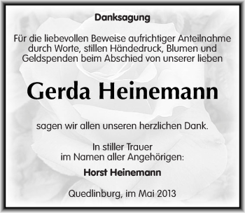Traueranzeige von Gerda Heinemann von Mitteldeutsche Zeitung Quedlinburg