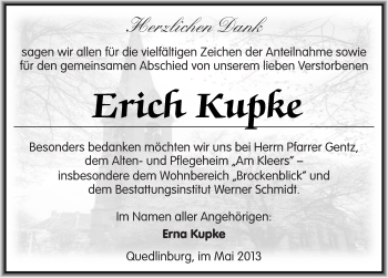 Traueranzeige von Erich Kupke von Mitteldeutsche Zeitung Quedlinburg