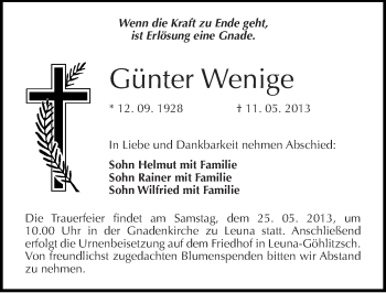 Traueranzeige von Günter Wenige von Mitteldeutsche Zeitung Merseburg/Querfurt