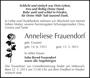 Traueranzeige von Anneliese Frauendorf von Mitteldeutsche Zeitung Merseburg/Querfurt