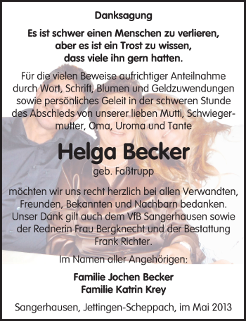 Traueranzeige von Helga Becker von Mitteldeutsche Zeitung Sangerhausen