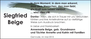 Traueranzeige von Siegfried Beige von Mitteldeutsche Zeitung Quedlinburg