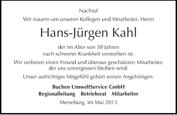 Traueranzeige von Hans-Jürgen Kahl von Mitteldeutsche Zeitung Merseburg/Querfurt