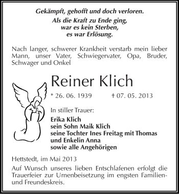 Traueranzeige von Reiner Klich von Mitteldeutsche Zeitung Aschersleben
