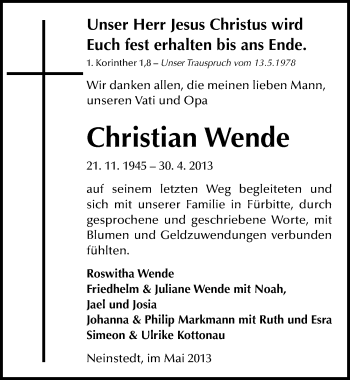 Traueranzeige von Christian Wende von Mitteldeutsche Zeitung Quedlinburg