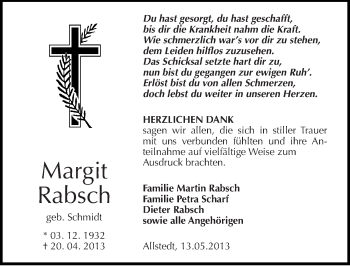 Traueranzeige von Margit Rabsch von Mitteldeutsche Zeitung Sangerhausen
