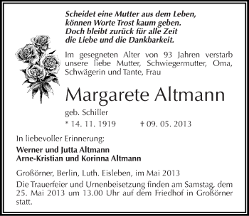 Traueranzeige von Margarete Altmann von Mitteldeutsche Zeitung Aschersleben