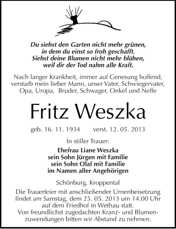 Traueranzeige von Fritz Weszka von Mitteldeutsche Zeitung Naumburg/Nebra