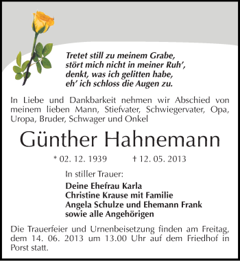 Traueranzeige von Günther Hahnemann von Mitteldeutsche Zeitung Köthen