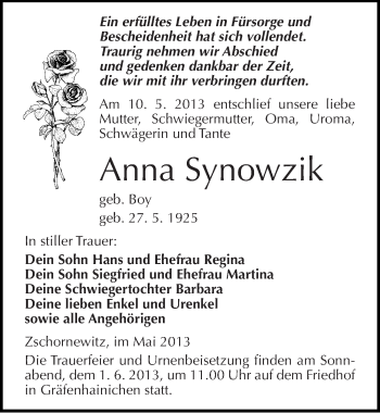 Traueranzeige von Anna Synowzik von Mitteldeutsche Zeitung Wittenberg