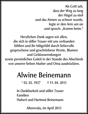 Traueranzeige von Alwine Beinemann von Mitteldeutsche Zeitung Naumburg/Nebra