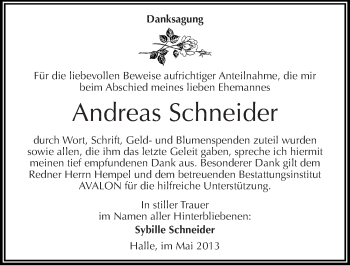 Traueranzeige von Andreas Schneider von Mitteldeutsche Zeitung Halle/Saalkreis