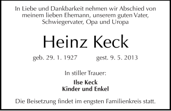 Traueranzeige von Heinz Keck von Mitteldeutsche Zeitung Halle/Saalkreis