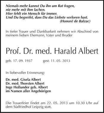 Traueranzeige von Harald Albert von Mitteldeutsche Zeitung Halle/Saalkreis