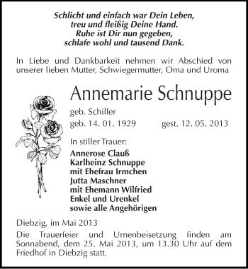 Traueranzeige von Annemarie Schnuppe von Mitteldeutsche Zeitung Köthen