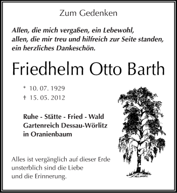 Traueranzeige von Friedhelm Otto Barth von Mitteldeutsche Zeitung Halle/Saalkreis