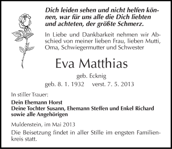 Traueranzeige von Eva Matthias von Mitteldeutsche Zeitung Bitterfeld