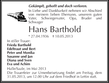 Traueranzeige von Hans Barthold von Mitteldeutsche Zeitung Aschersleben