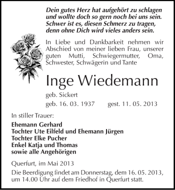 Traueranzeige von Inge Wiedemann von Mitteldeutsche Zeitung Merseburg/Querfurt