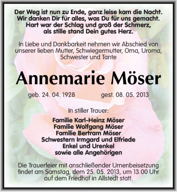 Traueranzeige von Annemarie Möser von Mitteldeutsche Zeitung Sangerhausen