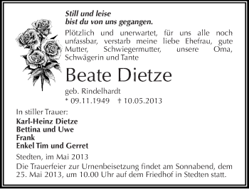 Traueranzeige von Beate Dietze von Mitteldeutsche Zeitung Aschersleben
