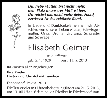 Traueranzeige von Elisabeth Geimer von Mitteldeutsche Zeitung Bitterfeld