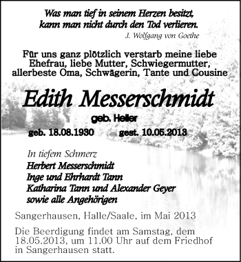 Traueranzeige von Edith Messerschmidt von Mitteldeutsche Zeitung Sangerhausen
