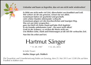 Traueranzeige von Hartmut Sänger von Mitteldeutsche Zeitung Köthen