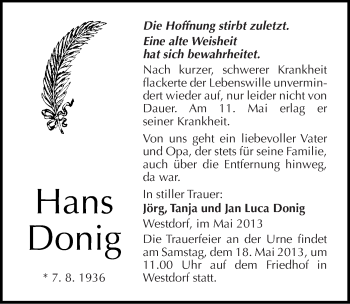 Traueranzeige von Hans Donig von Mitteldeutsche Zeitung Aschersleben
