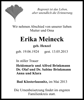 Traueranzeige von Erika Meineck von Mitteldeutsche Zeitung