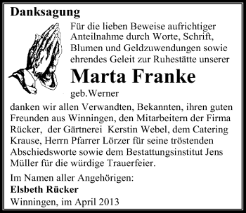 Traueranzeige von Marta Franke von Mitteldeutsche Zeitung Aschersleben