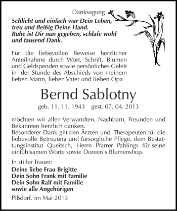 Traueranzeige von Bernd Sablotny von Mitteldeutsche Zeitung Köthen