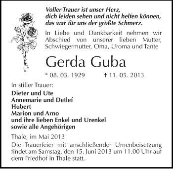 Traueranzeige von Gerda Guba von Mitteldeutsche Zeitung Quedlinburg
