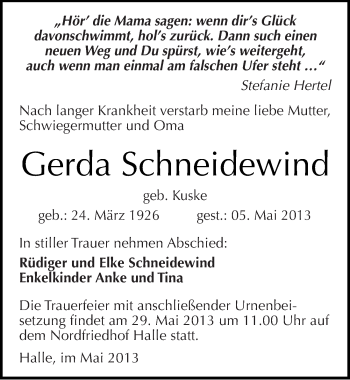 Traueranzeige von Gerda Schneidewind von Mitteldeutsche Zeitung Halle/Saalkreis