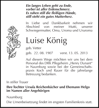 Traueranzeige von Luise König von Mitteldeutsche Zeitung Naumburg/Nebra