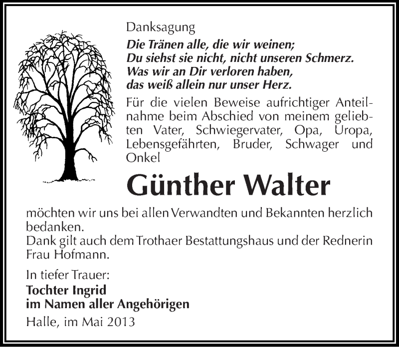  Traueranzeige für Günther Walter vom 18.05.2013 aus Mitteldeutsche Zeitung Halle/Saalkreis