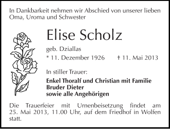 Traueranzeige von Elise Scholz von Mitteldeutsche Zeitung Bitterfeld