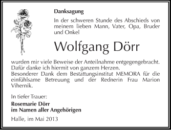 Traueranzeige von Wolfgang Dörr von Mitteldeutsche Zeitung Halle/Saalkreis