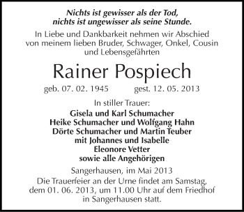 Traueranzeige von Rainer Pospiech von Mitteldeutsche Zeitung Sangerhausen