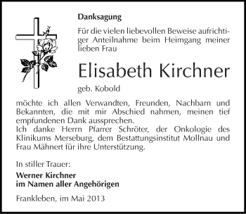 Traueranzeige von Elisabeth Kirchner von Mitteldeutsche Zeitung Merseburg/Querfurt