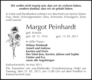 Traueranzeige von Margot Peinhardt von Mitteldeutsche Zeitung Sangerhausen