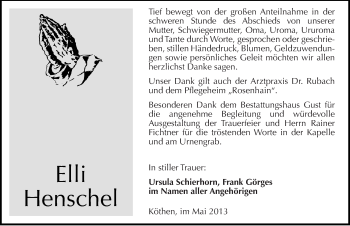 Traueranzeige von Elli Henschel von Mitteldeutsche Zeitung Köthen